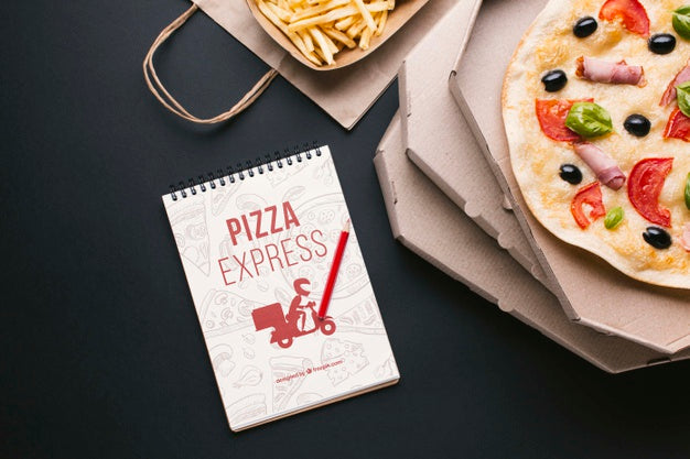 Free Flat Lay Food Service Assortment With Notepad Mock-Up Psd