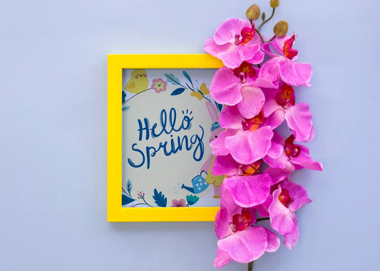 Free Flat Lay Frame Mockup With Spring Flowers Psd
