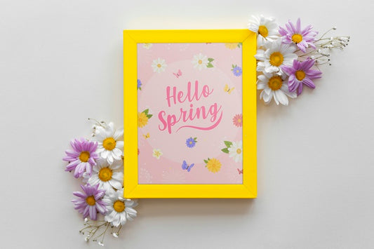 Free Flat Lay Frame Mockup With Spring Flowers Psd