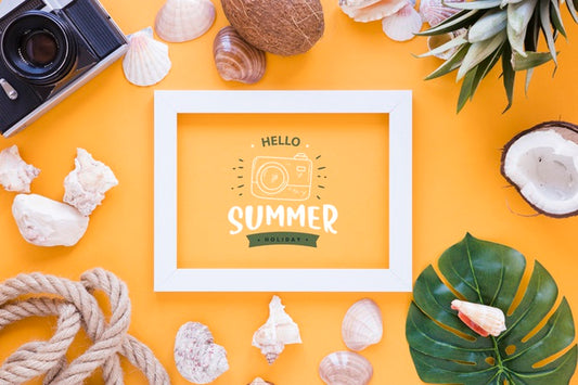 Free Flat Lay Frame Mockup With Summer Elements Psd