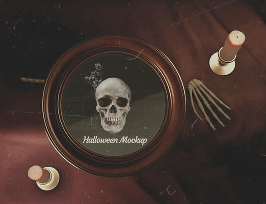 Free Flat Lay Halloween Round Frame With Skull On A Desk Psd