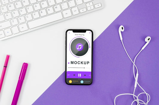 Free Flat Lay Hands Holding Smartphone Mock-Up With Keyboard And Earphones Psd