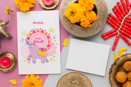 Free Flat Lay Happy Diwali Festival Mock-Up Copy Space Greeting Card Psd