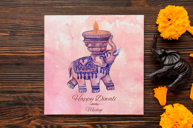 Free Flat Lay Happy Diwali Festival Mock-Up Drawing And Petals Psd