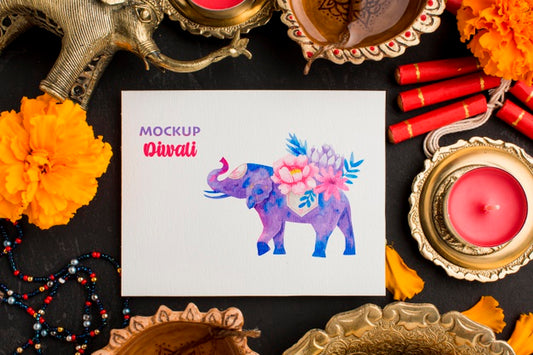 Free Flat Lay Happy Diwali Festival Mock-Up Elephant Drawing Psd