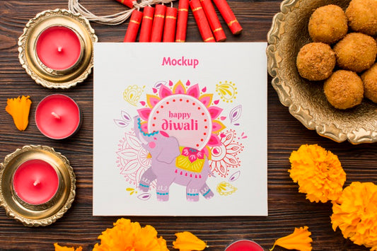 Free Flat Lay Happy Diwali Festival Mock-Up Red Candles Psd