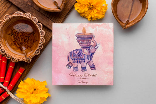 Free Flat Lay Happy Diwali Festival Mock-Up Squared Card Psd