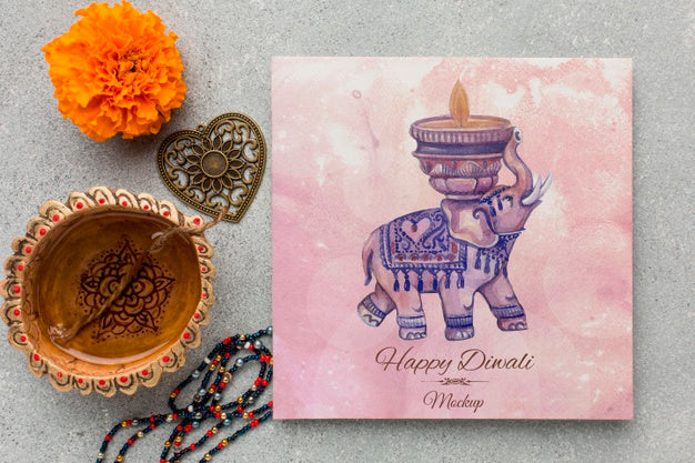 Free Flat Lay Happy Diwali Festival Mock-Up Watercolour Elephant Psd