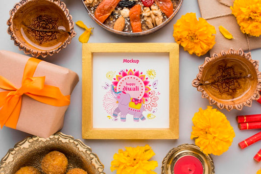 Free Flat Lay Happy Diwali Festival Mock-Up With Flowers Psd