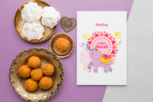 Free Flat Lay Happy Diwali Festival Mock-Up With Sweet Desserts Psd