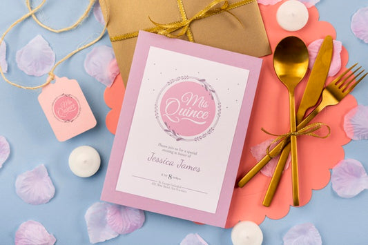 Free Flat Lay Invitation For Sweet Fifteen And Golden Cutlery Psd