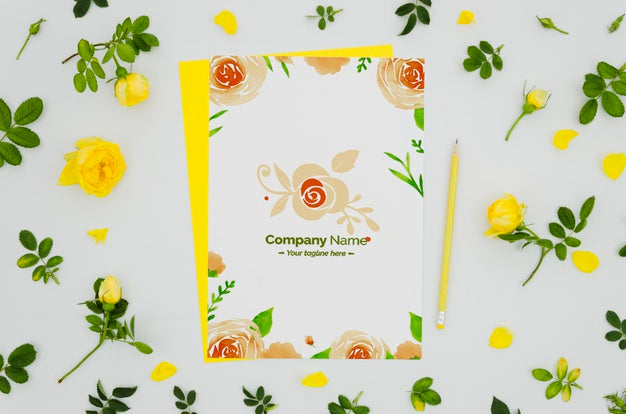 Free Flat Lay Lovely Paper Mock-Up With Floral Arrangement Psd