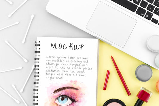Free Flat Lay Make-Up Cosmetics Arrangement With Notepad Mock-Up Psd