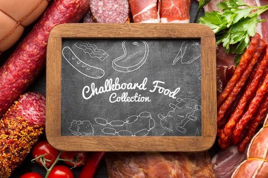 Free Flat Lay Meat Products With Blackboard Mock-Up Psd