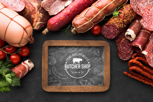 Free Flat Lay Meat Products With Chalkboard Mock-Up Psd