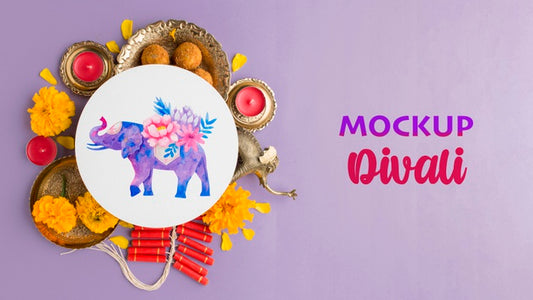 Free Flat Lay Minimalist Happy Diwali Festival Mock-Up Psd