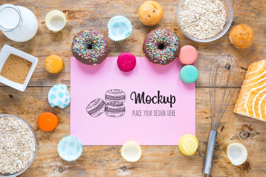 Free Flat Lay Mock-Up With Delicious Doughnuts Psd