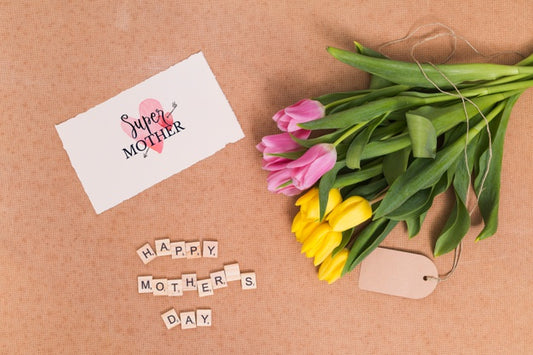 Free Flat Lay Mothers Day Composition With Card Mockup Psd