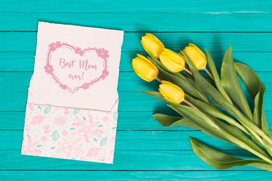 Free Flat Lay Mothers Day Composition With Card Mockup Psd