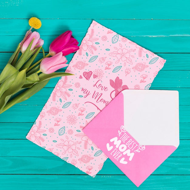 Free Flat Lay Mothers Day Composition With Card Mockup Psd