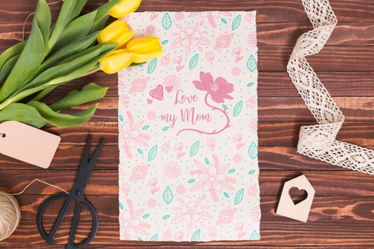 Free Flat Lay Mothers Day Composition With Card Mockup Psd