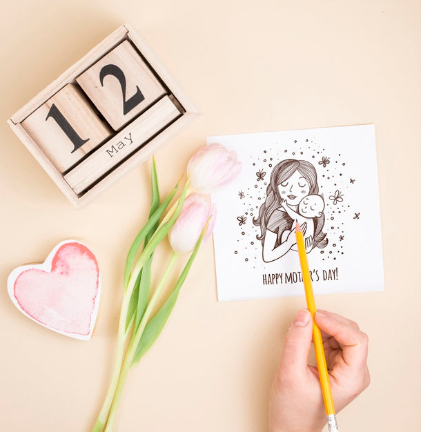 Free Flat Lay Mothers Day Composition With Card Mockup Psd