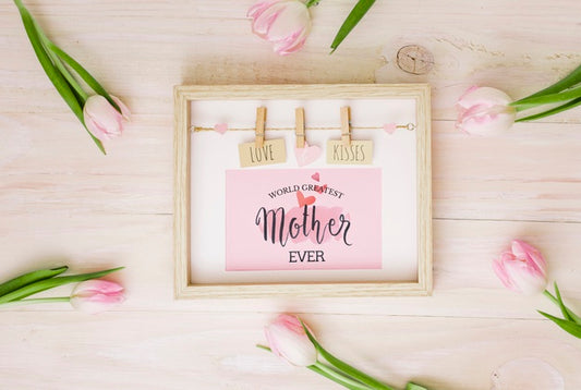 Free Flat Lay Mothers Day Composition With Frame Mockup Psd