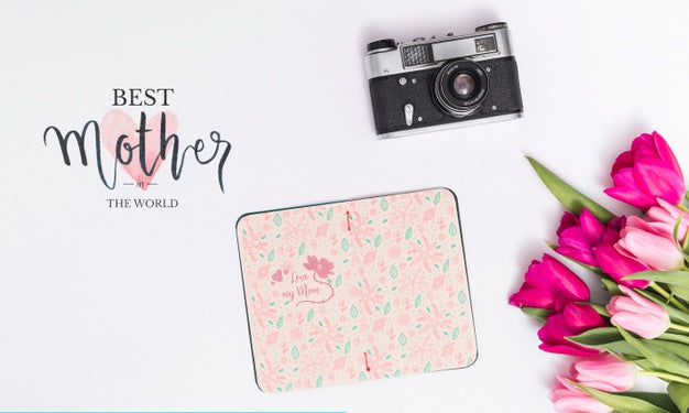 Free Flat Lay Mothers Day Composition With Open Book Mockup Psd