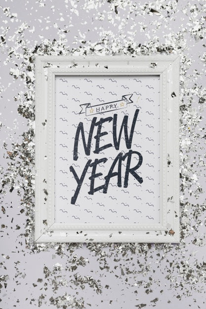Free Flat Lay New Year Lettering On Frame Mock-Up With Confetti Psd