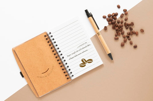 Free Flat Lay Notebook And Coffee Beans Psd