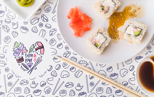 Free Flat Lay Of A Plate Of Sushi And Soy Sauce Psd