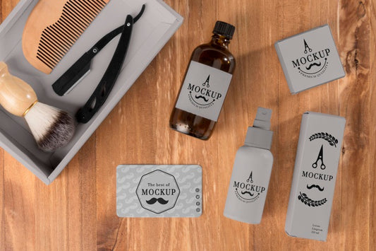 Free Flat Lay Of Barbershop Products With Razor And Brush Psd