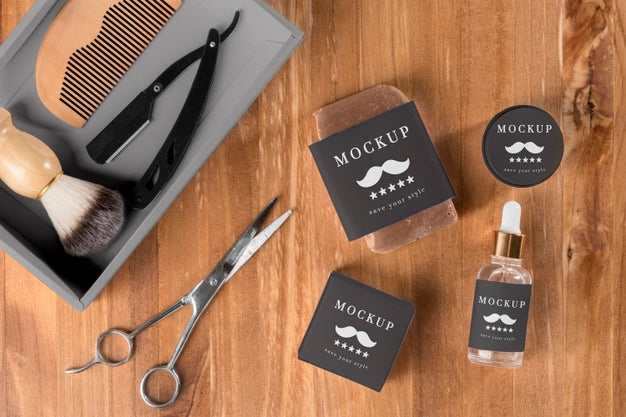 Free Flat Lay Of Barbershop Products With Scissors And Serum Psd