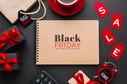 Free Flat Lay Of Black Friday Concept Mock-Up On Black Background Psd