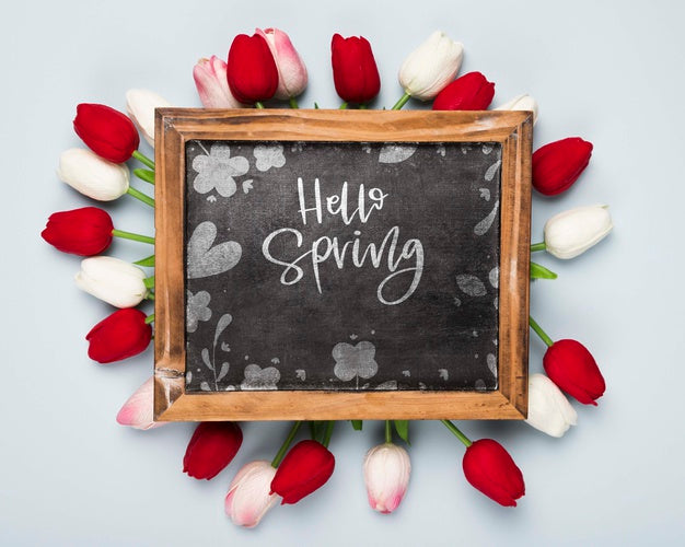 Free Flat Lay Of Blackboard With Spring Tulips Psd
