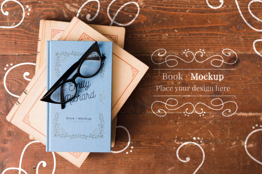 Free Flat Lay Of Book With Glasses On Top Mock-Up Psd
