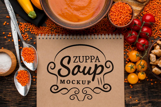 Free Flat Lay Of Bowl Of Soup With Notebook Psd