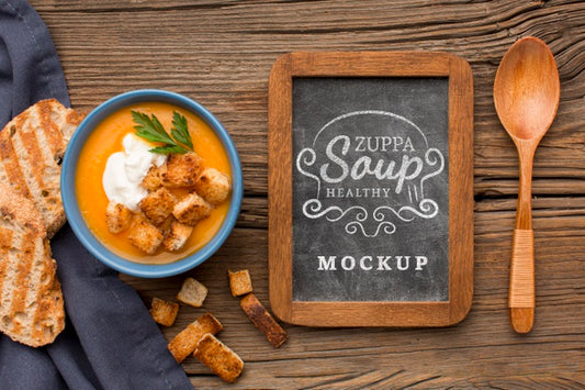 Free Flat Lay Of Bowl Of Vegetable Soup With Chalkboard Psd