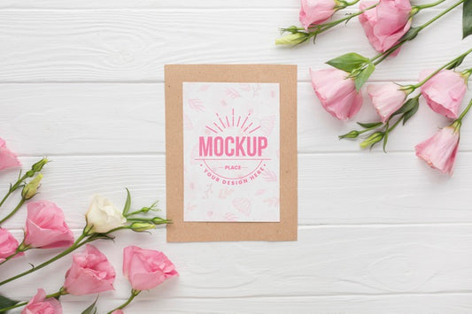 Free Flat Lay Of Card Mock-Up With Pink Roses Psd