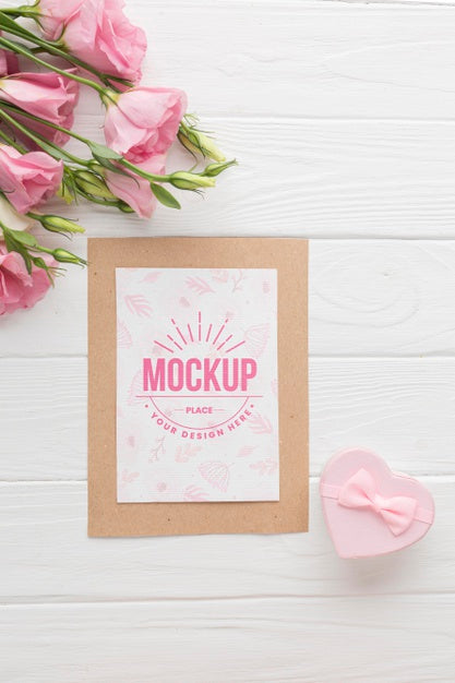 Free Flat Lay Of Card With Pink Roses Psd