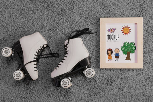 Free Flat Lay Of Children Roller Skates With Frame Psd