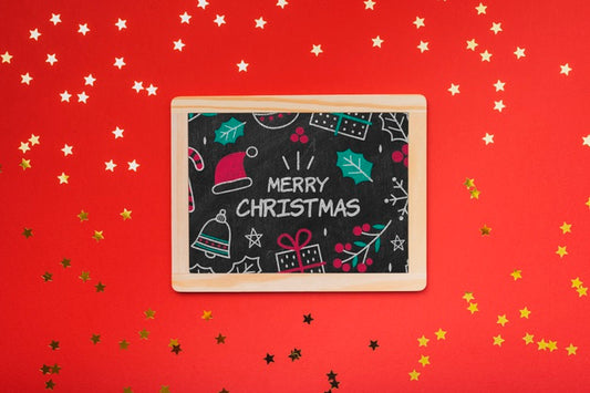 Free Flat Lay Of Christmas Concept Chalkboard With Red Background Psd