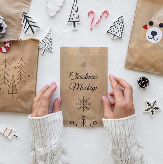 Free Flat Lay Of Christmas Crafts With Paper Bag Psd