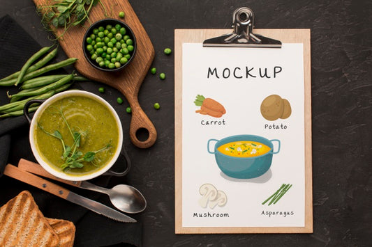 Free Flat Lay Of Clipboard With Bowl Of Soup Psd