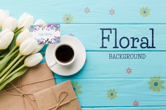 Free Flat Lay Of Coffee Cup With Tulips And Presents Psd