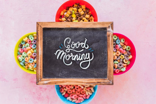 Free Flat Lay Of Colorful Cereals And Chalkboard On Plain Background Psd