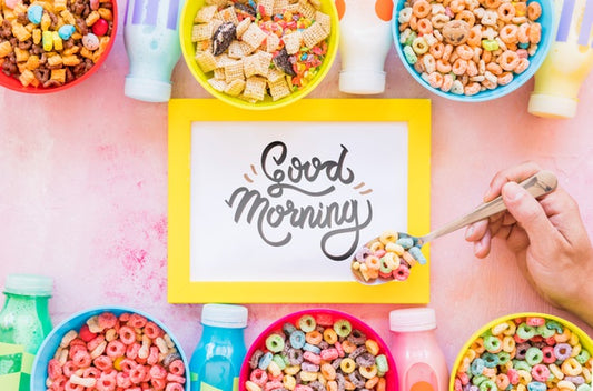 Free Flat Lay Of Colorful Cereals And Frame On Plain Background Psd