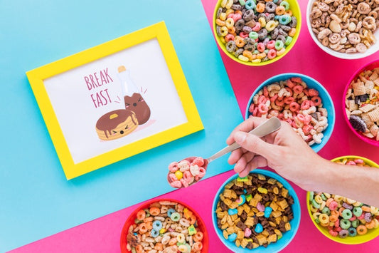 Free Flat Lay Of Colorful Cereals Bowls And Frame Psd