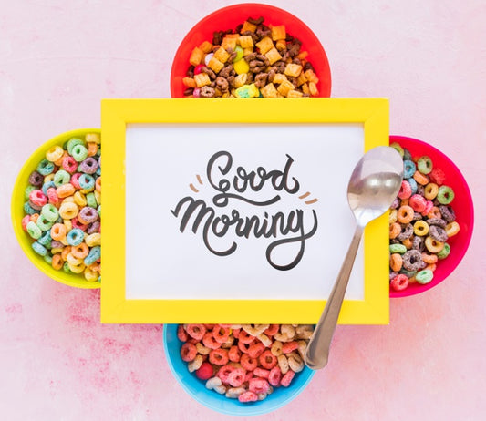 Free Flat Lay Of Colorful Cereals Spoon And Frame On Plain Background Psd