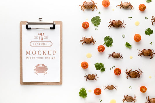 Free Flat Lay Of Crabs With Herbs And Tomatoes Psd